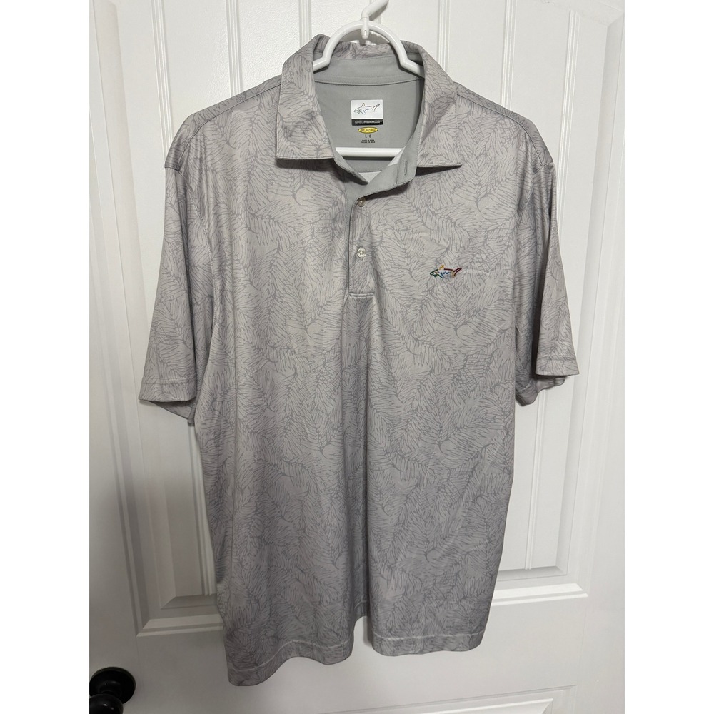 Greg Norman Polo Shirt Mens Large Play Dry Palm Frond Print Gray Golf EUC